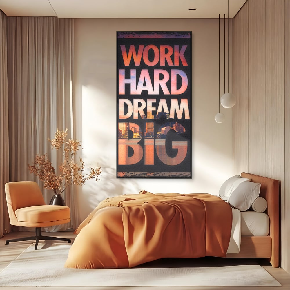 Tablou canvas cu tablou motivational cu peisaj urban nocturn, in rama de aluminiu negru, pe perete intr-un dormitor